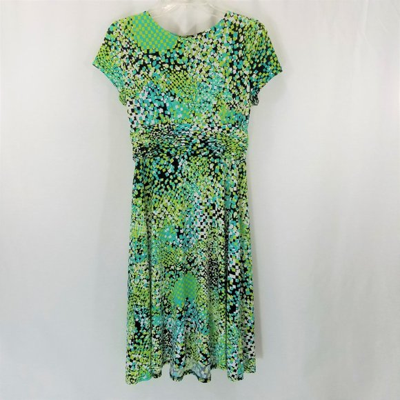 STUDIO1 Dress Women Green Multi Color Short Sleeve V-Neck Waist Detail Size 8 - Picture 4 of 8
